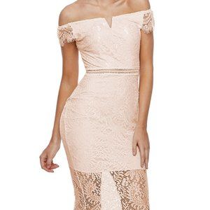 New Creme Lace Bardot Style Bodycon Midi Dress creme L